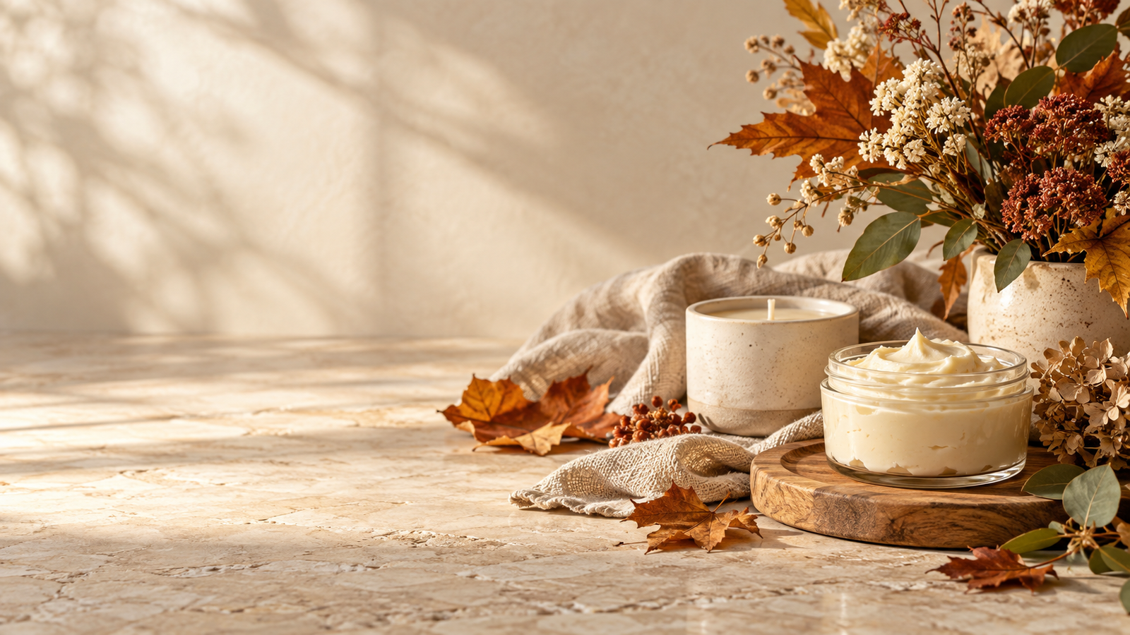 Autumn leaves, linen, candle and body cream on a warm stone surface