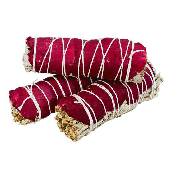 White Sage w/ Dried Red Rose Petals Smudge Sticks